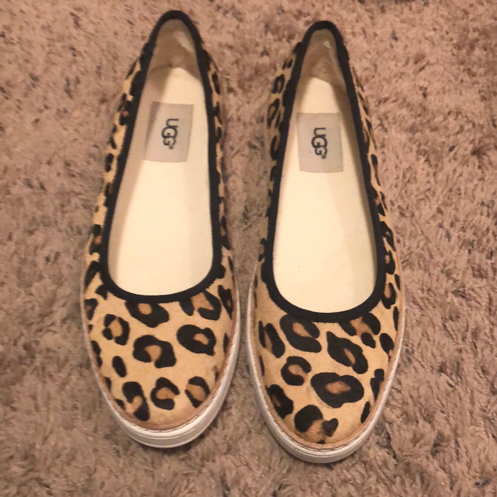 Leopard calf hair ugg slip ons